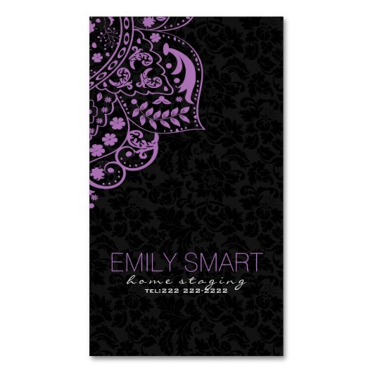 Elegant zwart damast Paarse  kant Visitekaartje Magneet (Voorkant Verticaal)
