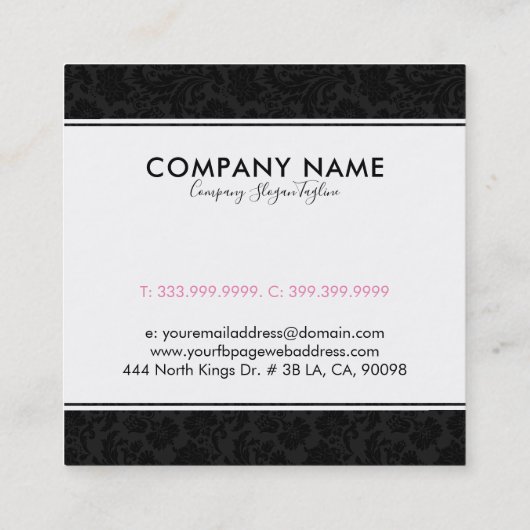 Elegant zwart  damast patroon vierkante visitekaartje (Achterkant)
