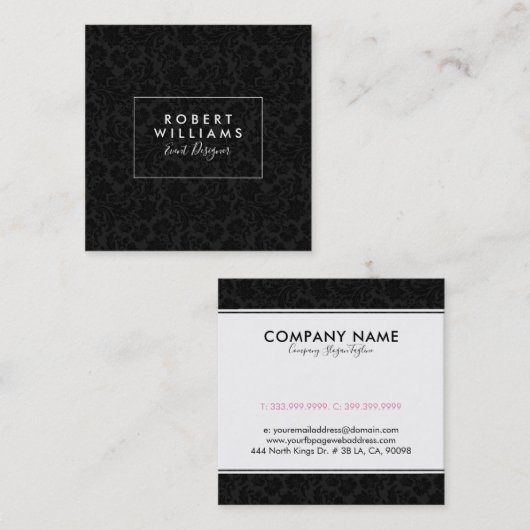 Elegant zwart  damast patroon vierkante visitekaartje (Voorkant / Achterkant)