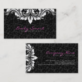 Elegant zwart damast wit bloemenkant visitekaartje (Voorkant / Achterkant)