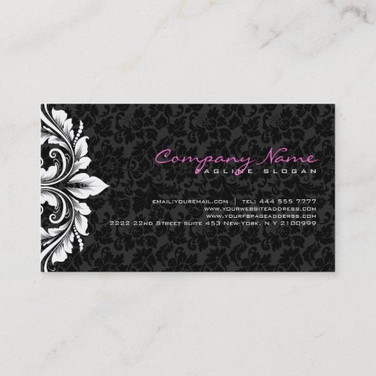 Elegant zwart damast wit bloemenkant visitekaartje (Achterkant)