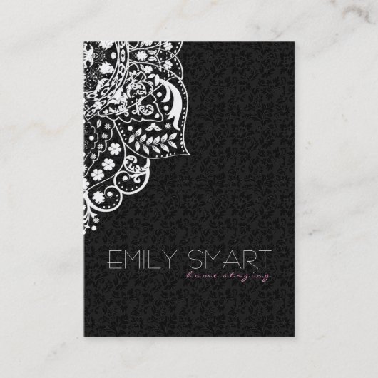 Elegant zwart damast wit kant visitekaartje (Voorkant)