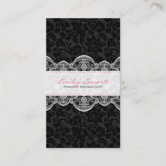 Elegant zwart damast wit kant visitekaartje (Voorkant)