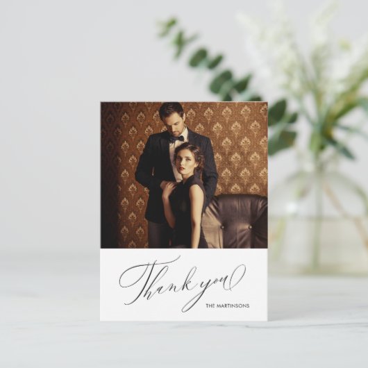 Elegant zwart dank je script foto bruiloft briefkaart (Staand voorkant)