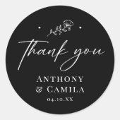 Elegant zwart dank u bruiloft ronde sticker (Voorkant)