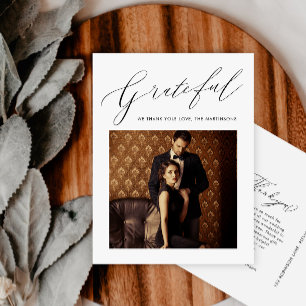 Elegant zwart dankbaar script foto bruiloft briefkaart