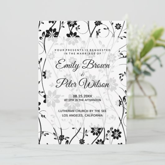 Elegant zwart delicate bloemen bruiloft kaart (Staand voorkant)