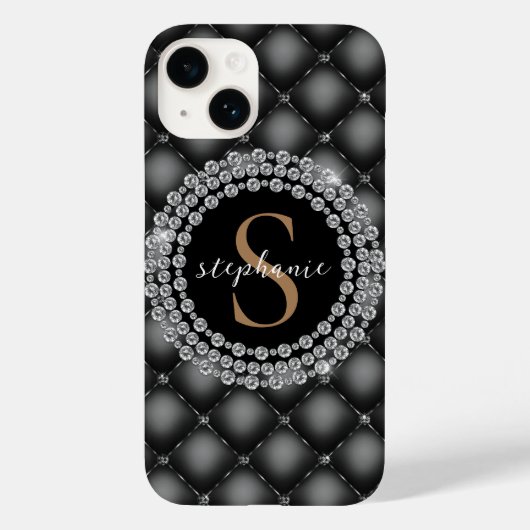 Elegant Zwart Diamanten Custom Goud Monogram Case-Mate iPhone Case (Achterkant)