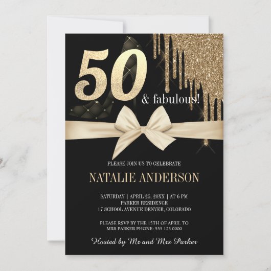 Elegant Zwart Drips Gouden Glitter 50ste Kaart (Voorkant)