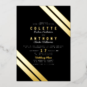 Elegant zwart echt goud moderne strepen bruiloft folie uitnodiging