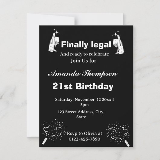 Elegant zwart eindelijk legaal 21e verjaardag kaart (Voorkant)