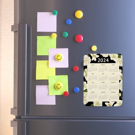 Elegant Zwart en Beige Bloemen 2024 Jaar Kalender Magneet