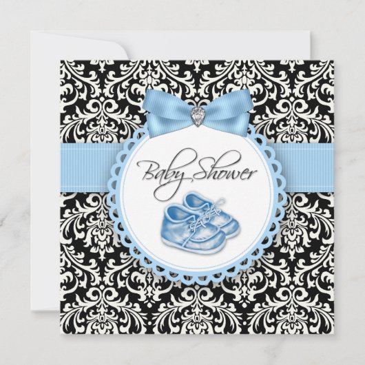 Elegant zwart en blauw Damask Baby shower Kaart (Voorkant)