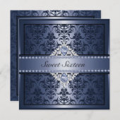 Elegant zwart en blauw Damask Sweet16 Uitnodigen Kaart (Voorkant / Achterkant)