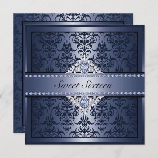 Elegant zwart en blauw Damask Sweet16 Uitnodigen Kaart (Voorkant / Achterkant)