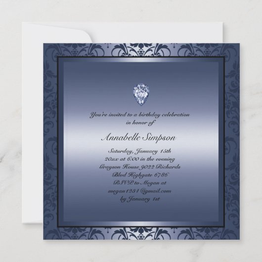 Elegant zwart en blauw Damask Sweet16 Uitnodigen Kaart (Achterkant)