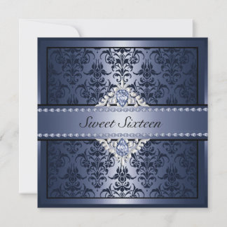 Elegant zwart en blauw Damask Sweet16 Uitnodigen Kaart