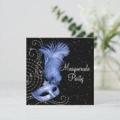 Elegant zwart en blauw gemaskerd bal kaart (Staand voorkant)