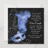 Elegant zwart en blauw gemaskerd bal kaart (Achterkant)
