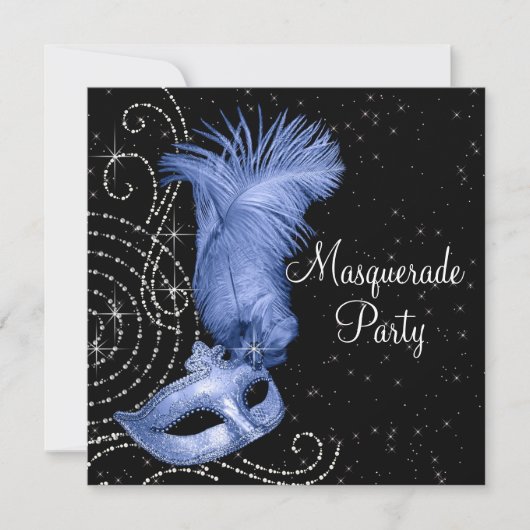 Elegant zwart en blauw gemaskerd bal kaart (Voorkant)