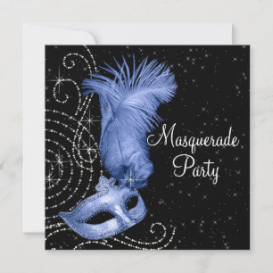 Elegant zwart en blauw gemaskerd bal kaart