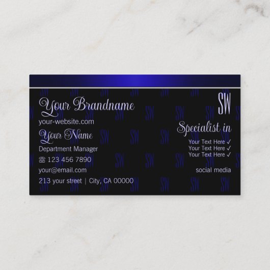 Elegant zwart en blauw met Initialen Professional Visitekaartje (Achterkant)