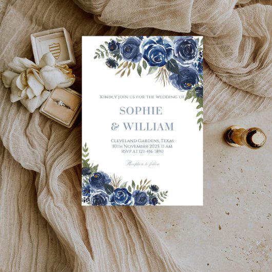 Elegant zwart en blauw Roos bruiloft Kaart