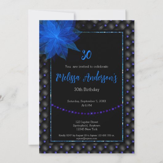 Elegant Zwart en Blauw Verjaardag Kaart (Voorkant)