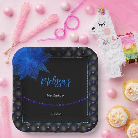 Elegant Zwart en Blauw Verjaardag Papieren Bordje (Feest)