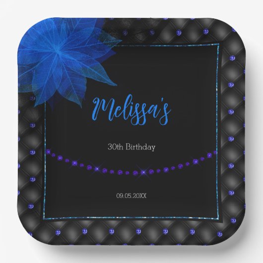 Elegant Zwart en Blauw Verjaardag Papieren Bordje (Voorkant)