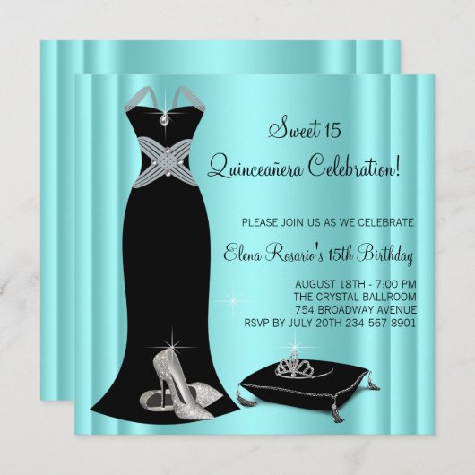 Elegant zwart en Blauwgroen blauw Quinceanera Kaart (Voorkant / Achterkant)