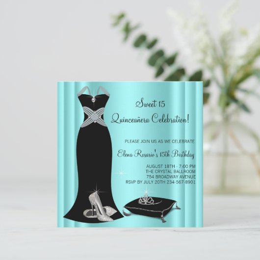 Elegant zwart en Blauwgroen blauw Quinceanera Kaart (Staand voorkant)