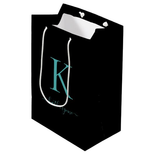 Elegant zwart en Blauwgroen Monogram Naam Medium Cadeauzakje (Voorkant Gekanteld)