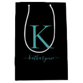 Elegant zwart en Blauwgroen Monogram Naam Medium Cadeauzakje (Voorkant)