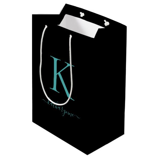 Elegant zwart en Blauwgroen Monogram Naam Medium Cadeauzakje (Achterkant Gekanteld)