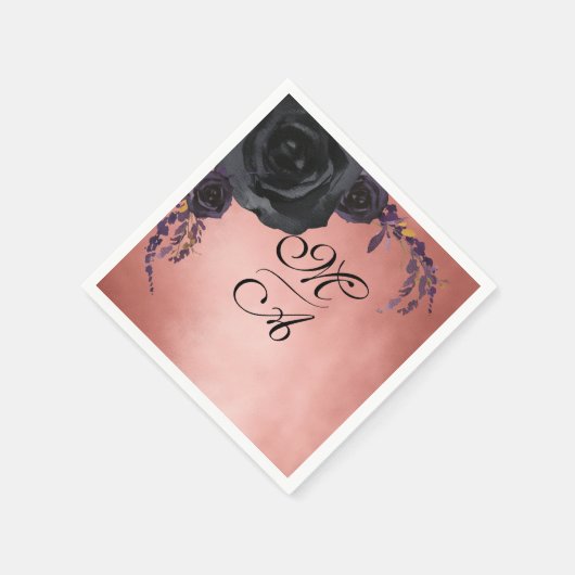 Elegant Zwart en Blush Bloemen Monogram Bruiloft Servet (Hoek)