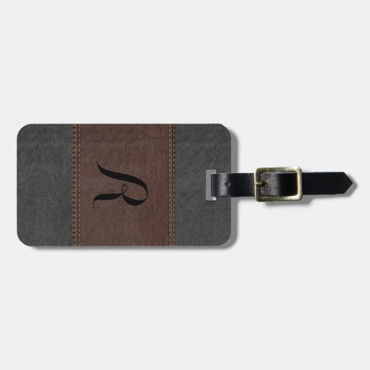 Elegant zwart en bruin  leder bagagelabel (Voorkant horizontaal)