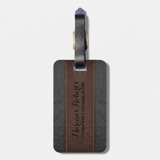Elegant zwart en bruin leder bagagelabel (Achterkant verticaal)