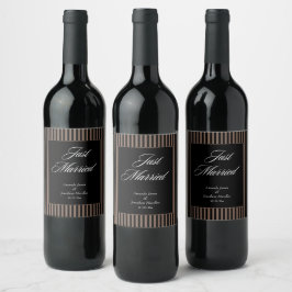 Elegant Zwart en Bruin Strepen Bruiloft Wijn Etiket