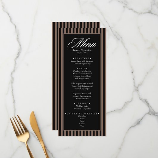 Elegant Zwart en Bruin Verticale Strepen Bruiloft Menu (Voorkant / Achterkant in situ)
