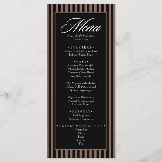 Elegant Zwart en Bruin Verticale Strepen Bruiloft Menu (Voorkant)