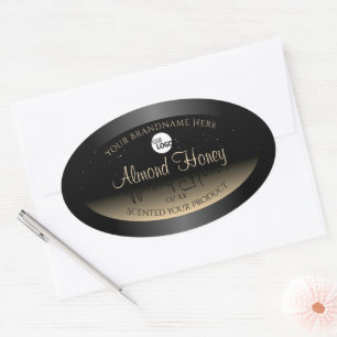 Elegant zwart en crèmeetiket Glitter Logo Ovale Sticker