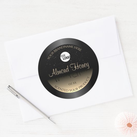 Elegant zwart en crèmeetiket Glitter Logo Ronde Sticker (Envelop)