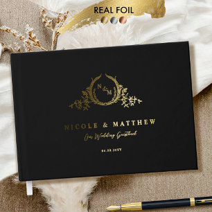 Elegant zwart en echte Folie monogram bruiloft Gastenboek