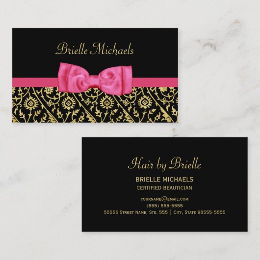 Elegant Zwart en Faux Gold Damask Hot Pink Bow Visitekaartje (Voorkant / Achterkant)