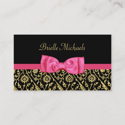 Elegant Zwart en Faux Gold Damask Hot Pink Bow Visitekaartje (Voorkant)