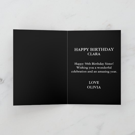 Elegant zwart en geel foto zuster 50ste verjaardag kaart (Binnen)
