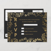 Elegant zwart en geel goud Bloemen RSVP Briefkaart (Voorkant / Achterkant)
