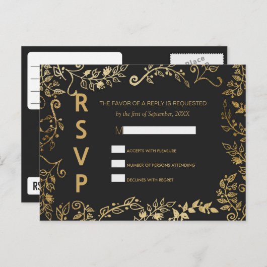 Elegant zwart en geel goud Bloemen RSVP Briefkaart (Voorkant / Achterkant)