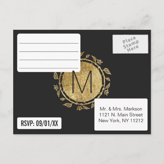 Elegant zwart en geel goud Bloemen RSVP Briefkaart (Achterkant)